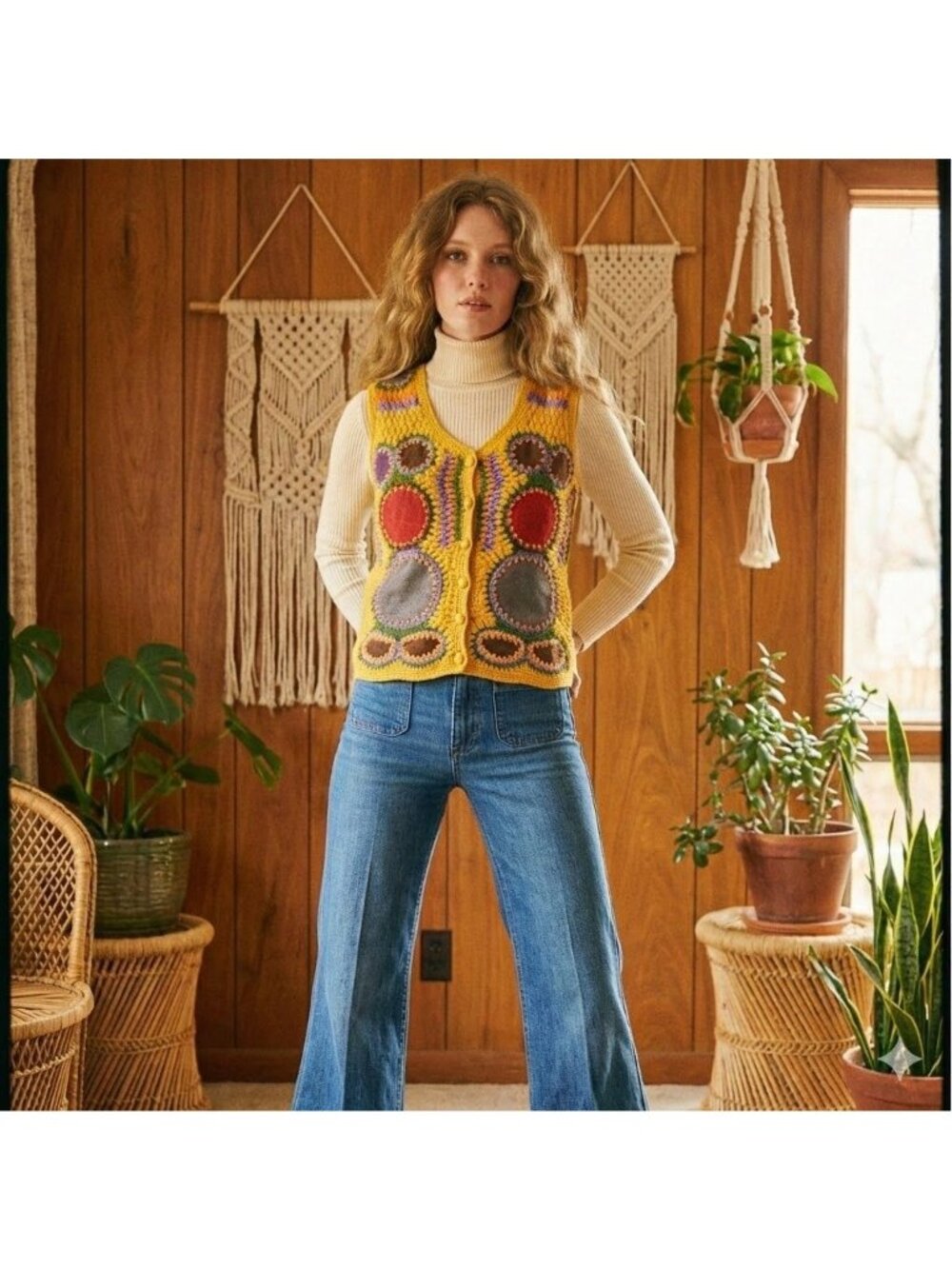 Vintage 70s Yellow Patchwork Knit Leather Sweater Vest Top Hippie Boho Size M L